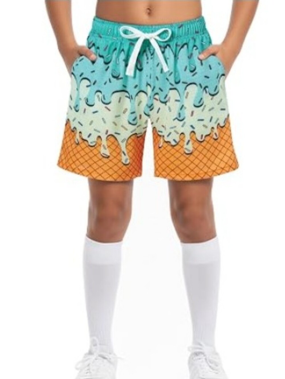 Boys Athletic Shorts Ice Cream Drip Mesh Breathable Green